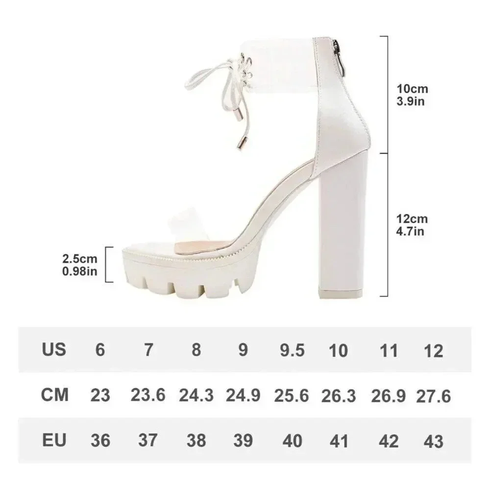OLCHEE Women's Clear Ankle Strap Platform Sandals - Transparent Lace High Heels